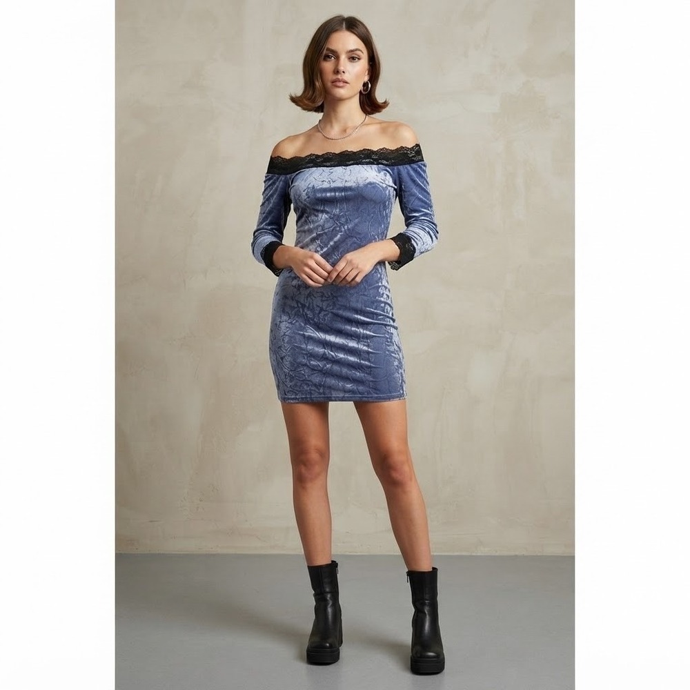 Crushed Velvet Lace Trim Off Shoulder Mini Dress L 90s Y2K Goth Festival Holiday